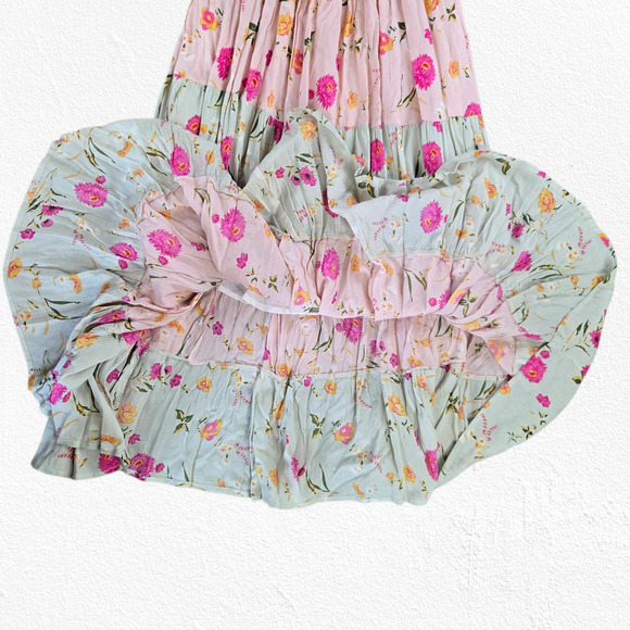 Raga Pink Mint Floral Tiered Maxi Dress Boho Festival Smocked Back Size XS NWT - Picture 7 of 14